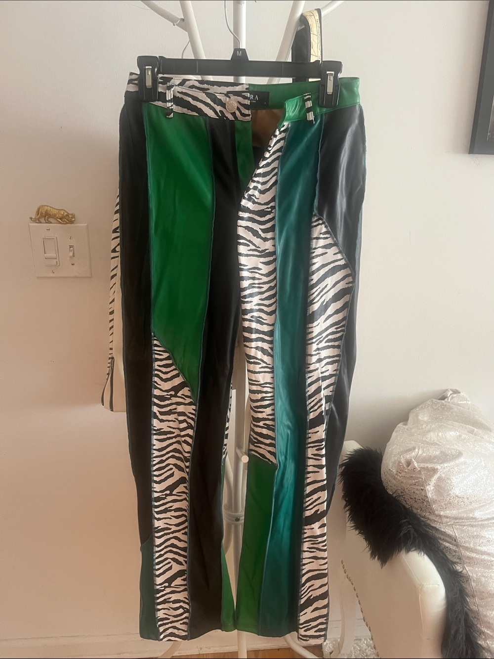 AKIRA Green, Black & White Zebra Panel Boot-Cut Pants